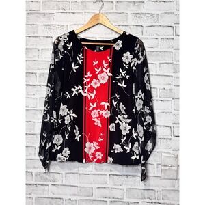 Alfani‎ Floral Chiffon Blouse Black Red White | Sheer Long Sleeve Top Size M